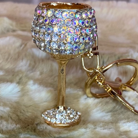 Dani White & Gold Rhinestone Wine Glass Purse or Key Charm - Picture 1 of 4